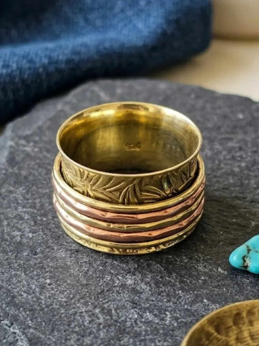 925 Sterling Silver Spinner Ring Gold Copper Meditation Fidget Boho Handmade 7